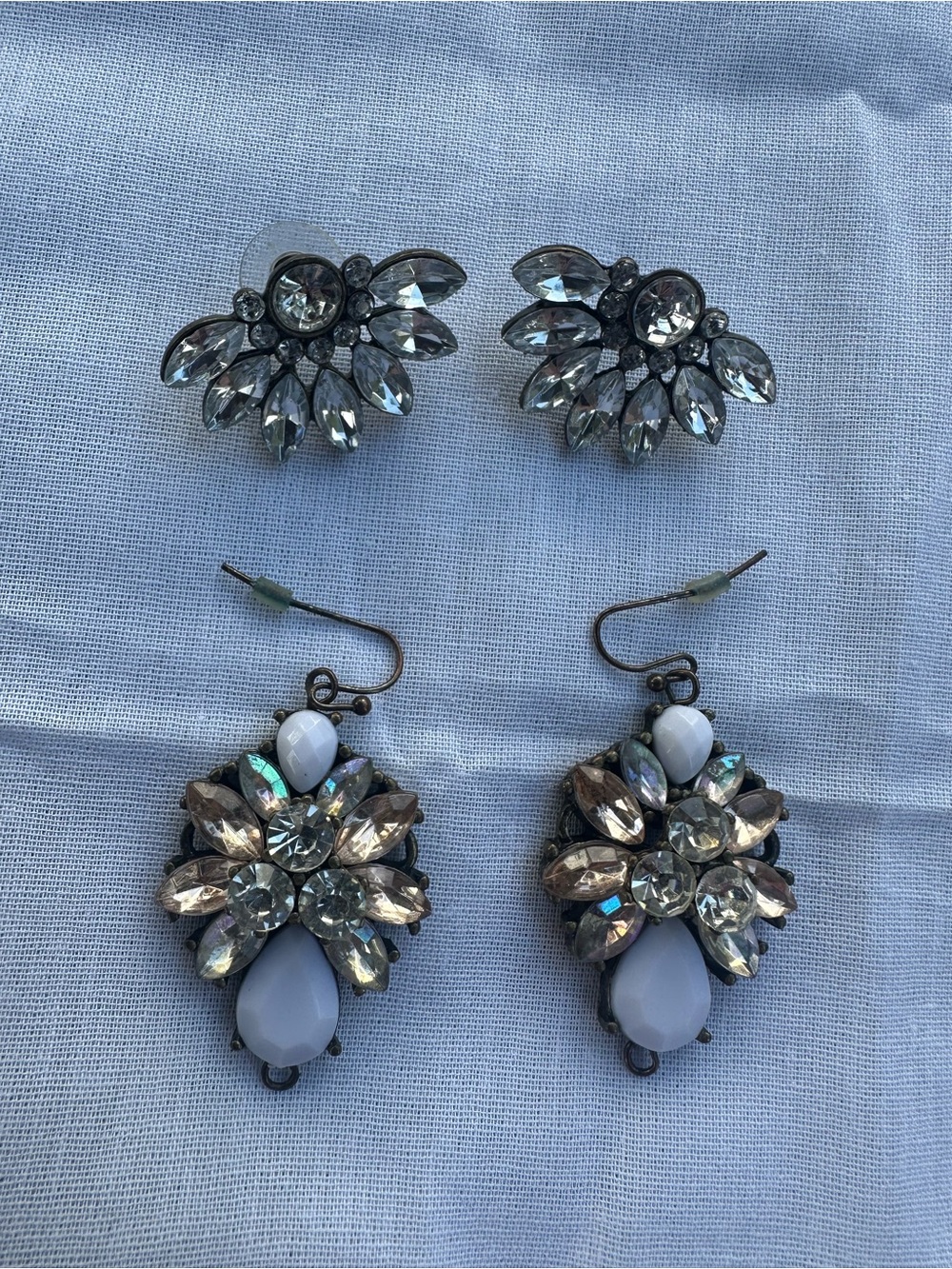 Crystal Cluster Drop Earrings - Light Blue and Clear